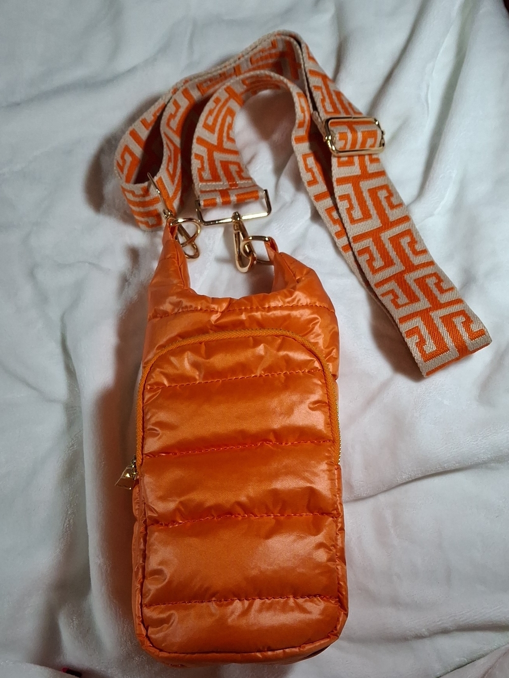 Quilted Orange Crossbody Bag with Patterned Adjustable Strap